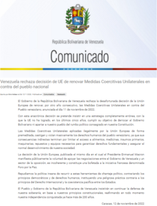 Venezuela rechaza decisión de UE de renovar medidas coercitivas unilaterales en contra de la nación (+Comunicado)