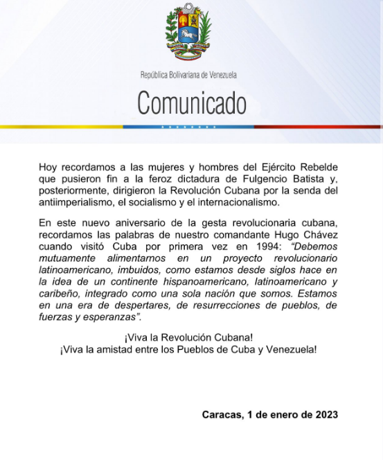 Venezuela congratulates Cuba on the 64th anniversary of the Triumph of the Revolution (+ Statement)