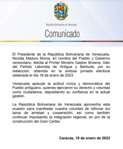 Presidente Maduro felicita a Gaston Browne por su reelección como primer ministro en Antigua y Barbuda (+Comunicado)