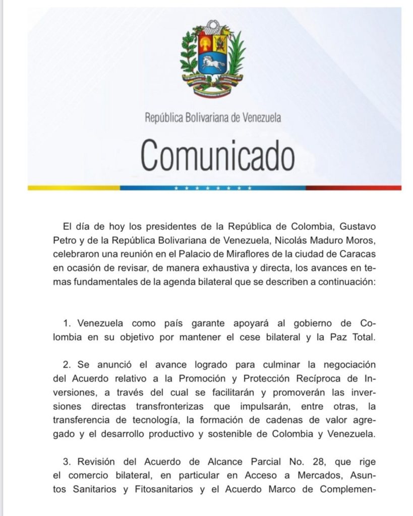 Declaración conjunta del encuentro entre presidentes Maduro y Petro este 7- Ene