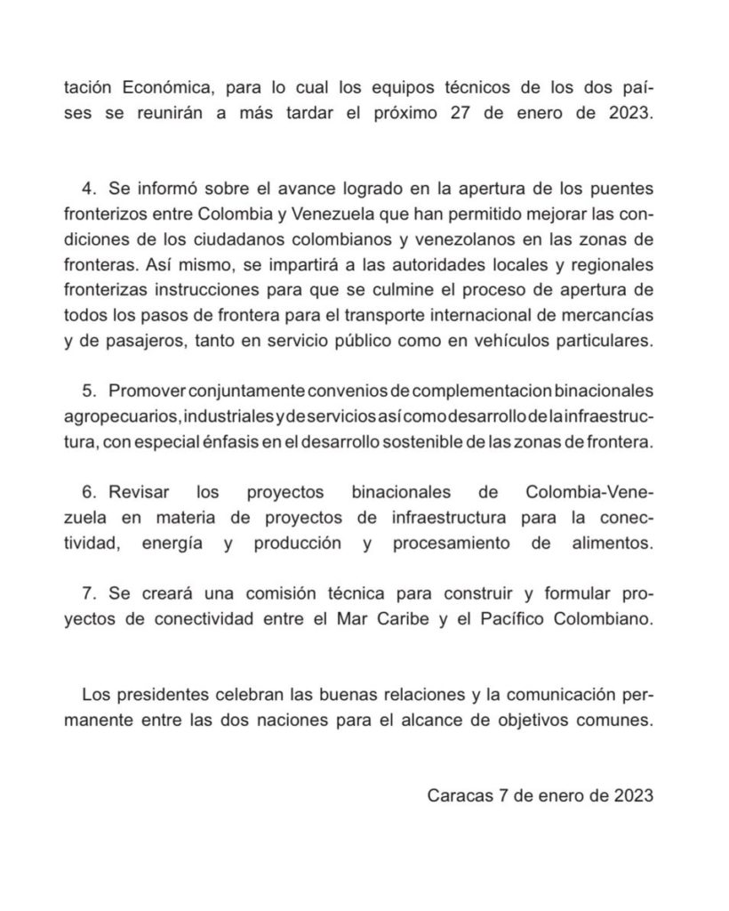 Joint declaration of the meeting between presidents Maduro and Petro on Jan 7 (+ Statement)