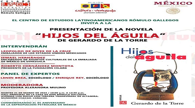 Presentarán novela "Hijos del Águila" de Gerardo de La Torre en el Celarg