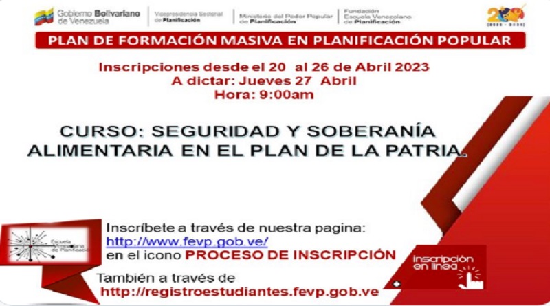 Inician inscripciones para el curso Seguridad y Soberanía Alimentaria