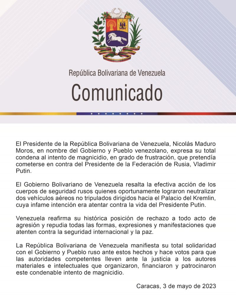 Venezuela repudia intento magnicida con drones contra Presidente de Rusia