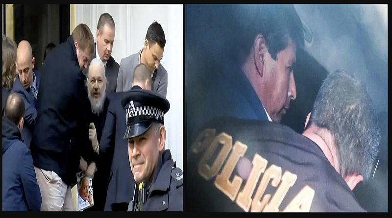 El periodista Julian Assange (izq) y el presidente de Perú, Pedro Castillo, detenidos sin respeto a sus derechos humanos (Foto agencias)