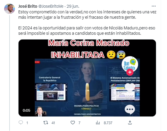 Diputado José Brito: Desde 2015 está inhabilitada María Corina Machado