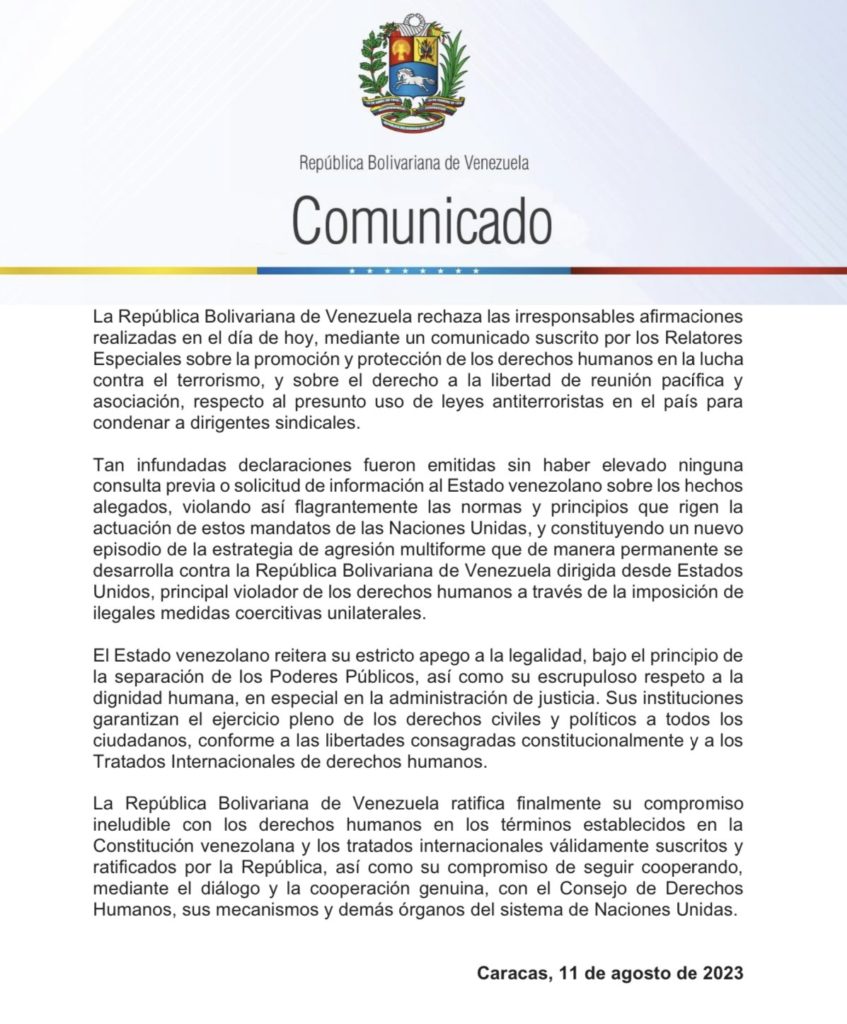 Venezuela califica de irresponsables e infundadas afirmaciones de dos relatores ONU sobre DD.HH.