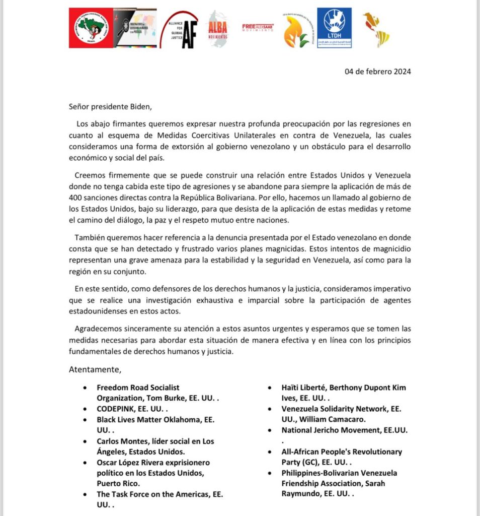 Más de 600 organizaciones del continente reclaman a Biden cese de agresiones a Venezuela