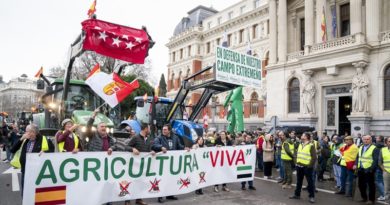 Varios tractores a su llegada al Ministerio de Agricultura durante una protesta de agricultores y ganaderos. Madrid, 15 de febrero de 2024. (A. Perez Meca / Europa Press / Gettyimages.ru)