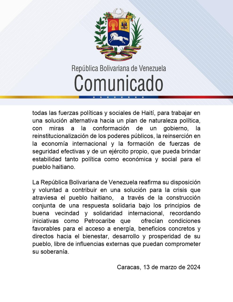 Venezuela se solidariza ante crisis de violencia que afecta al pueblo haitiano