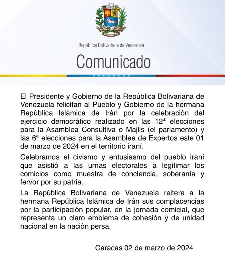 
Venezuela saluda elecciones parlamentarias de la República Islámica de Irán

