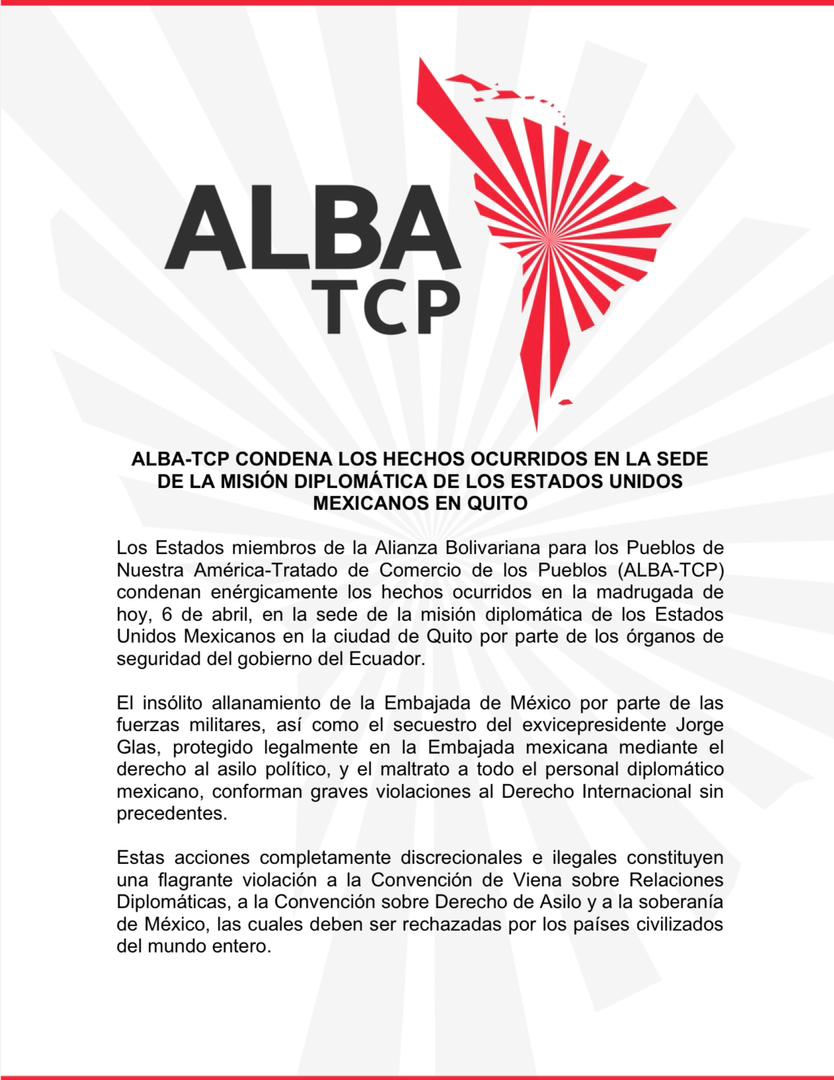 ALBA- TCP considera que actos violentos de Ecuador violan la soberanía de México