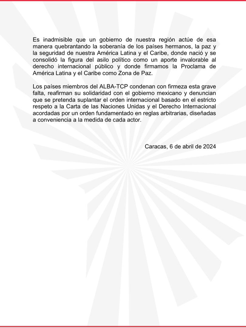 ALBA- TCP considera que actos violentos de Ecuador violan la soberanía de México