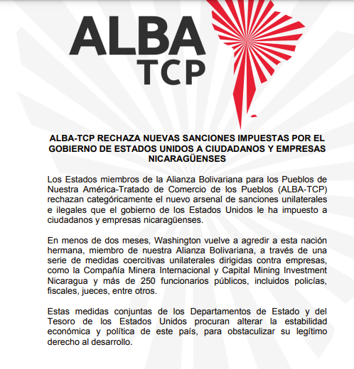 ALBA-TCP rechaza sanciones de EE.UU. contra Nicaragua