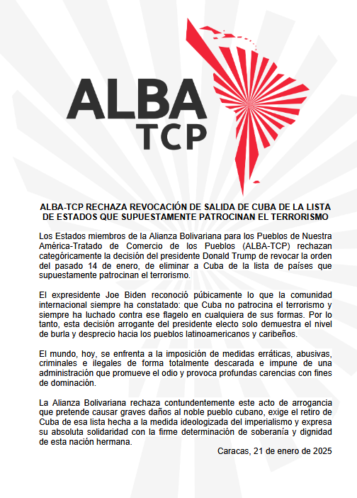 ALBA-TCP rechaza decisión EE.UU. de permanencia de Cuba en lista de países terroristas