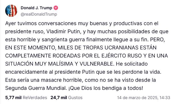 Putin a Trump: Rusia garantizará vida de militares de Kiev si se rinden
