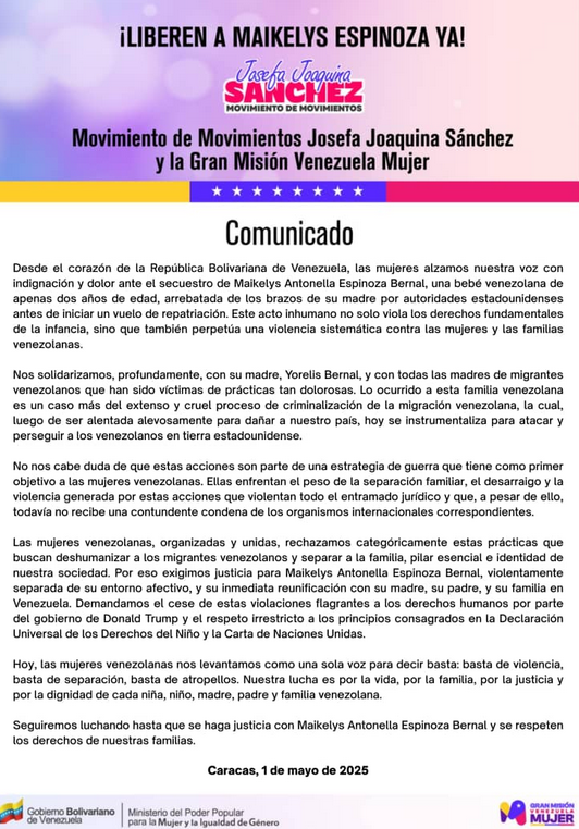 Organizaciones venezolanas exigen liberación de niña separada de su madre  