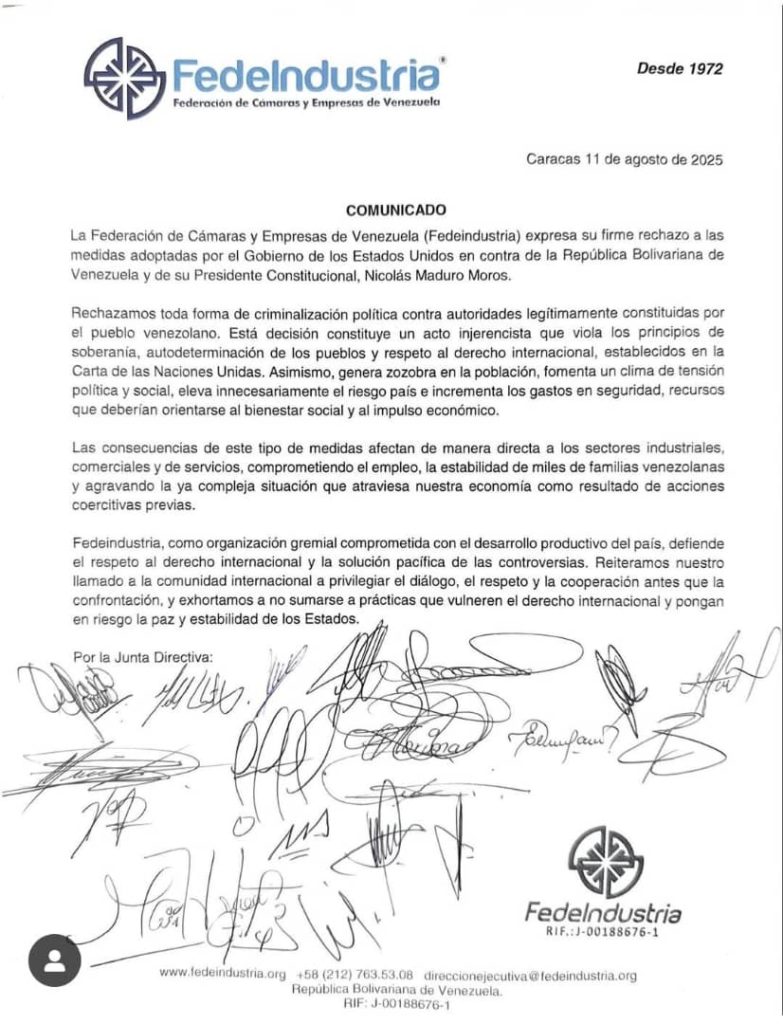 Fedeindustria rechaza acciones de EE.UU. contra autoridades legítimas de Venezuela